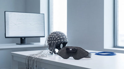 Domayn Mask on a lab desk beside an EEG electrode cap and monitor displaying brainwave data