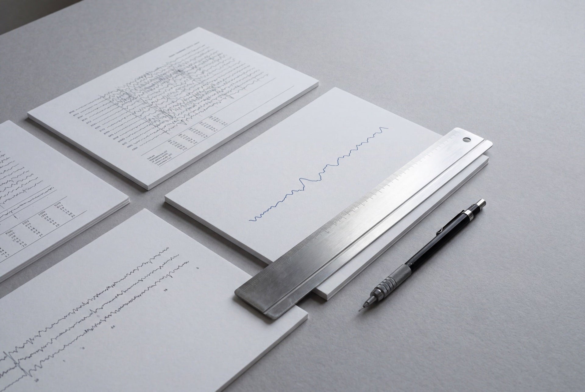 Printed EEG waveform charts and a ruler on a desk, with a pen resting alongside