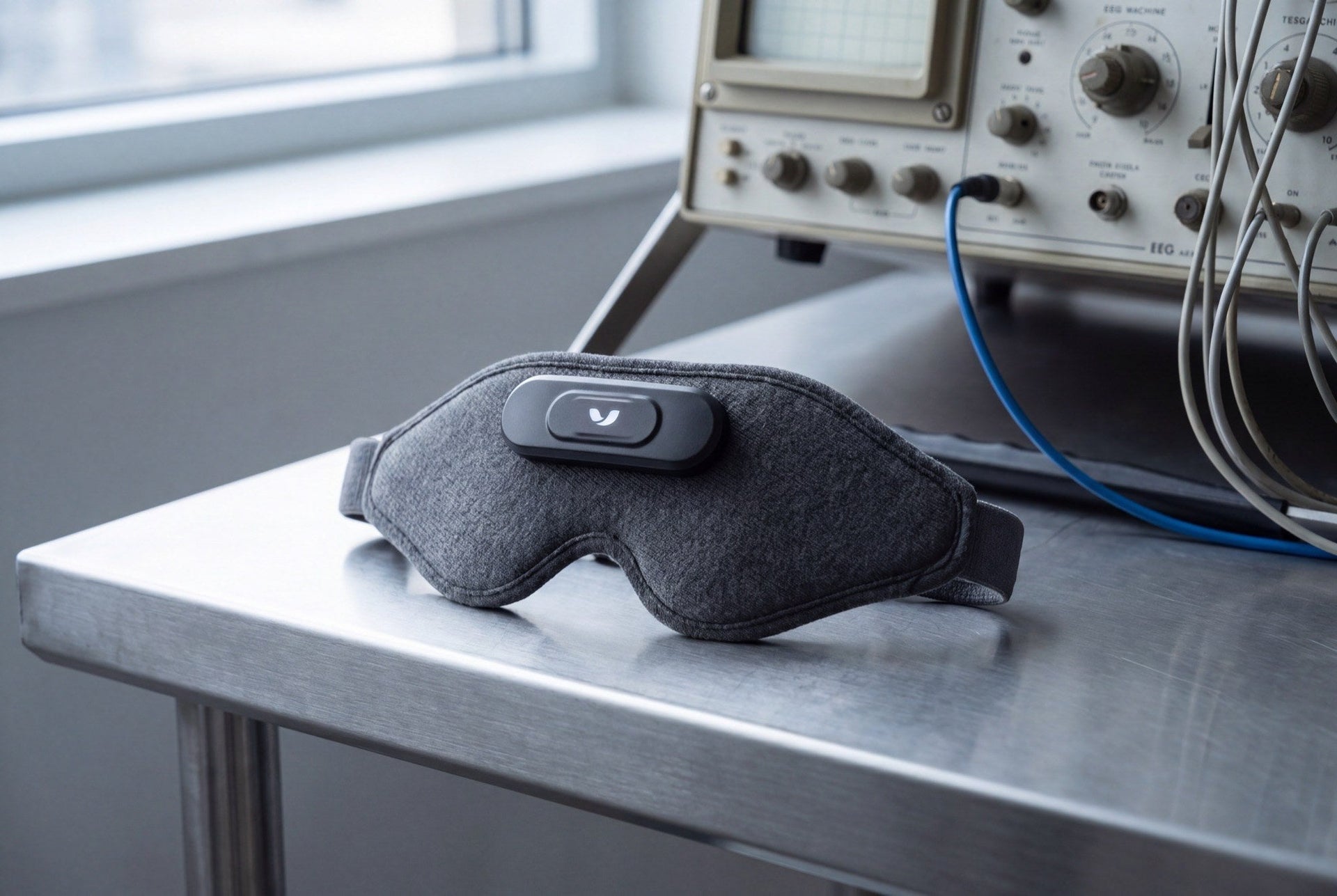 Domayn Mask on a steel lab table beside a vintage EEG oscilloscope