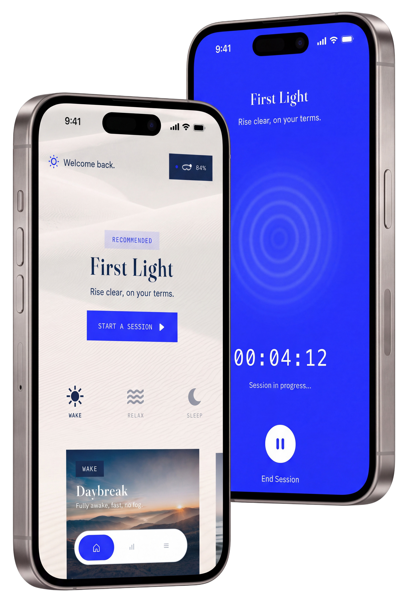 Two phones showing the Domayn app, one on the First Light protocol start screen, one mid-session