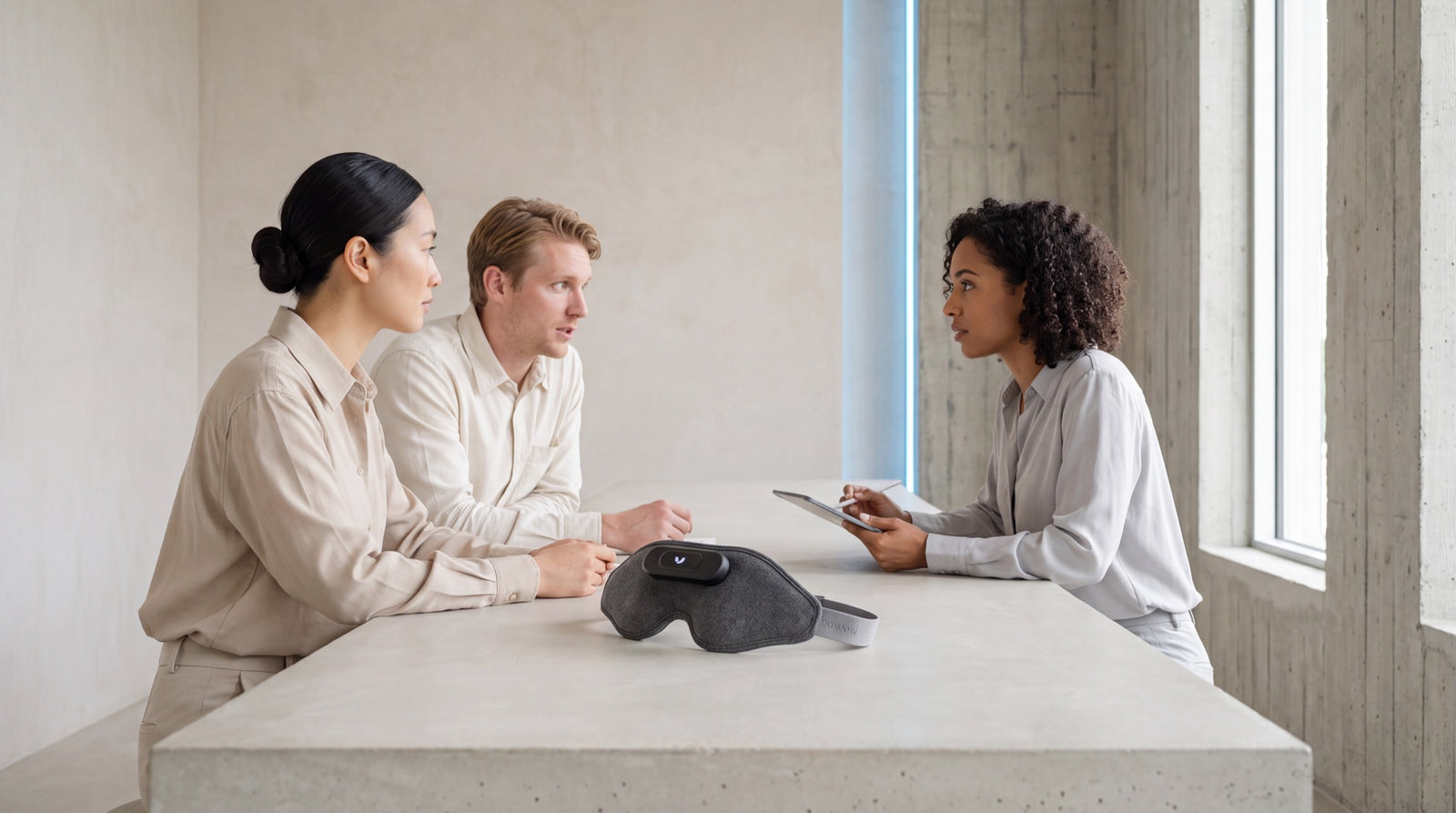 Three people in a meeting around a concrete table with the Domayn Mask placed at the center, one holding a tablet