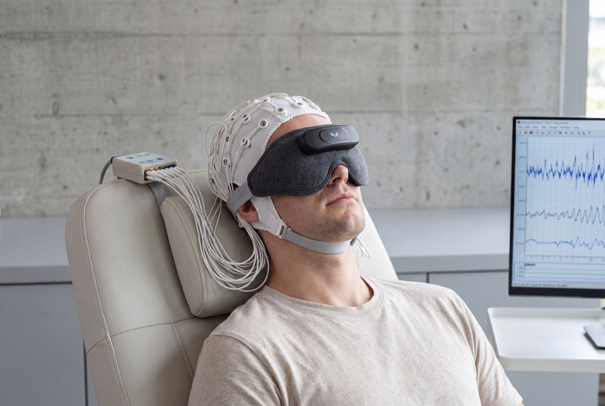 Person seated in a recliner, wearing the Domayn Mask and an EEG electrode cap connected by cables, with a monitor displaying live brainwave data